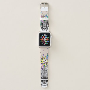 Cute cartoon bull in a floral wreath. Bright portr Apple Watch Band