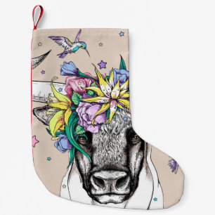 Cute cartoon bull in a floral wreath. Bright portr Small Christmas Stocking