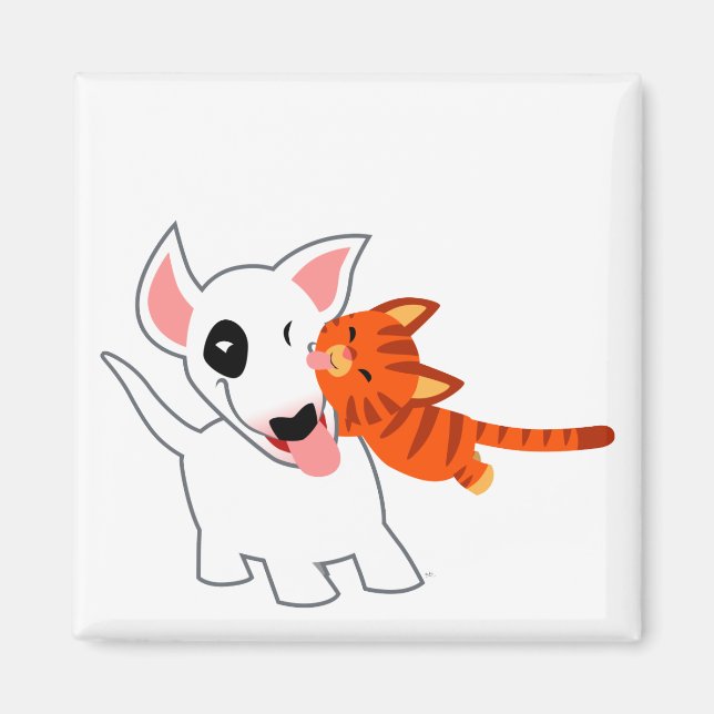 Cute Cartoon Bull Terrier and Kitten Magnet (Front)