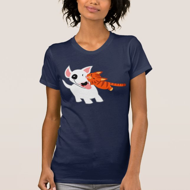 Cute Cartoon Bull Terrier and Kitten Women T-Shirt (Front)