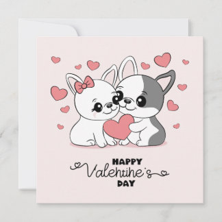 Cute Cartoon Bulldog Lovers Hearts Valentine’s Day Holiday Card