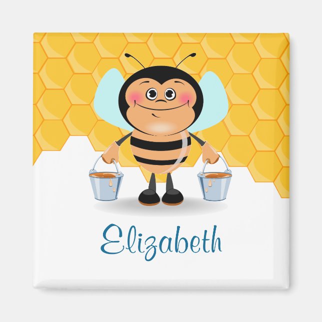 Cute Cartoon Bumble Bee Carrying Buckets of Honey Magnet (Front)