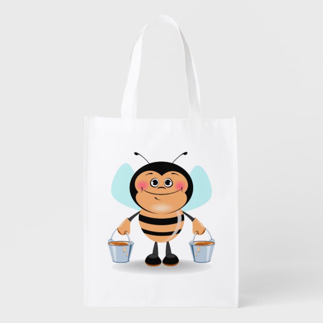 Cute Cartoon Bumble Bee Carrying Buckets of Honey Reusable Grocery Bag (Front)