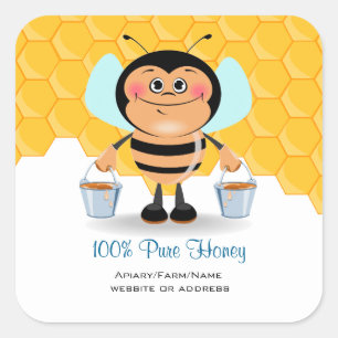 Cute Cartoon Bumble Bee Carrying Buckets of Honey Square Sticker
