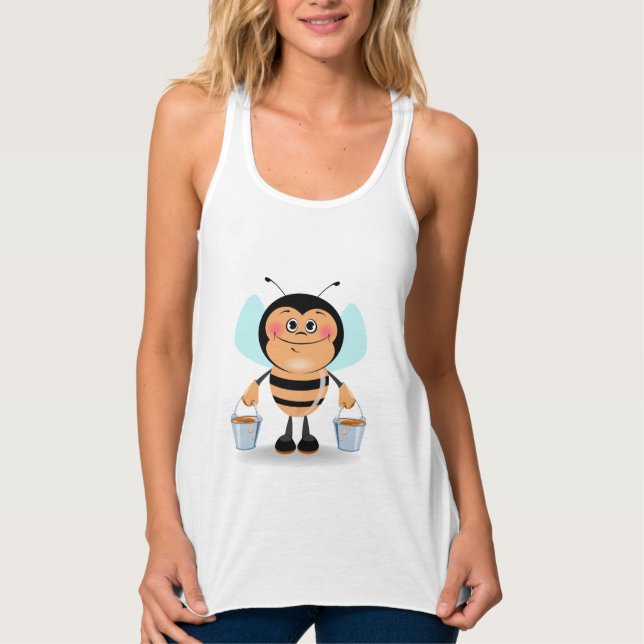 Cute Cartoon Bumble Bee Carrying Buckets of Honey Tank Top (Front)