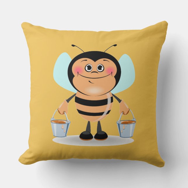 Cute Cartoon Bumble Bee Carrying Buckets of Honey Throw Pillow (Front)