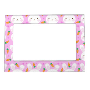 Cute cartoon bunnies and carrots on pink pattern magnetic picture frame