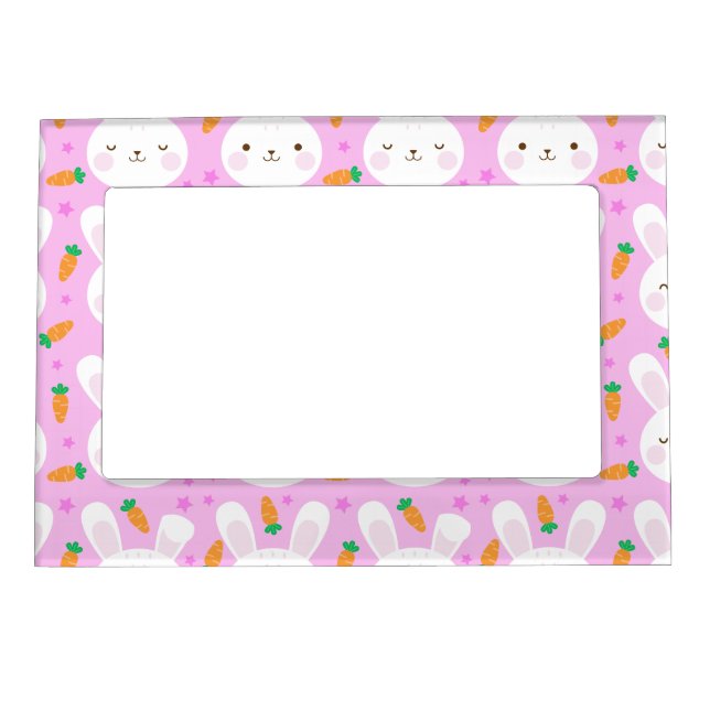 Cute cartoon bunnies and carrots on pink pattern magnetic picture frame (Front)