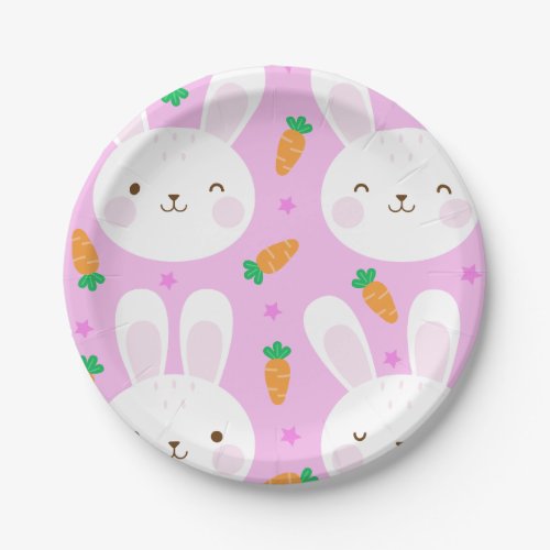 Cute cartoon bunnies and carrots on pink pattern paper plates