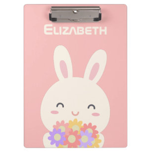 Cute Cartoon Bunny Flowers Custom Name Pastel Pink Clipboard