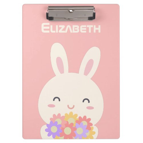 Cute Cartoon Bunny Flowers Custom Name Pastel Pink Clipboard