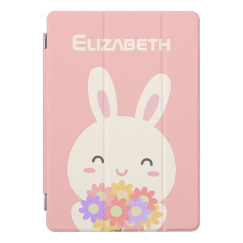 Cute Cartoon Bunny Flowers Custom Name Pastel Pink iPad Pro Cover