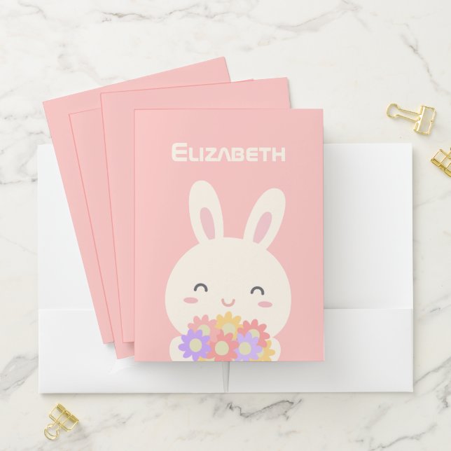Cute Cartoon Bunny Flowers Custom Name Pastel Pink Pocket Folder (In Situ)