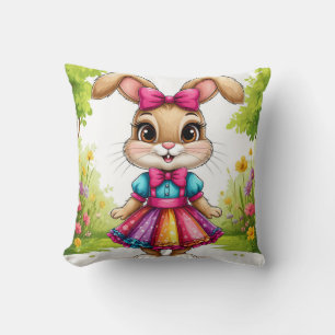 Cute Cartoon Bunny in Colorful Dress Throw Pillow