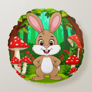 Cute Cartoon Bunny Stands In A Lush Forest Round Pillow