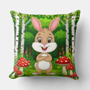Cute Cartoon Bunny Stands In A Lush Forest Throw Pillow