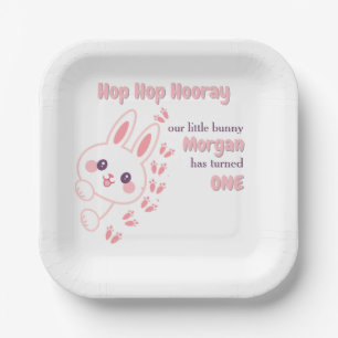 Cute Cartoon Bunny Turning One Girls 1st Birthday Paper Plates