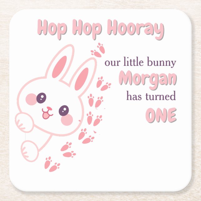 Cute Cartoon Bunny Turning One Girls 1st Birthday  Square Paper Coaster (Front)