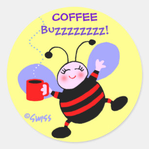 Cute Cartoon Busy Bee w Red Stripes Coffee Buzz Classic Round Sticker
