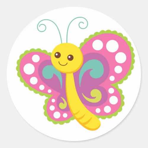 Cute Cartoon Butterfly pink yellow green Classic Round Sticker