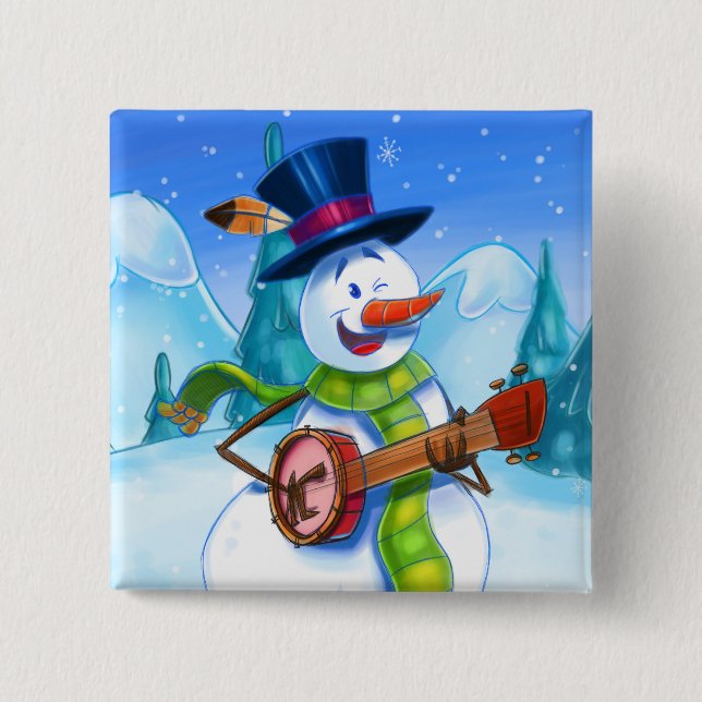cute cartoon button with guitar playing snowman (Front)