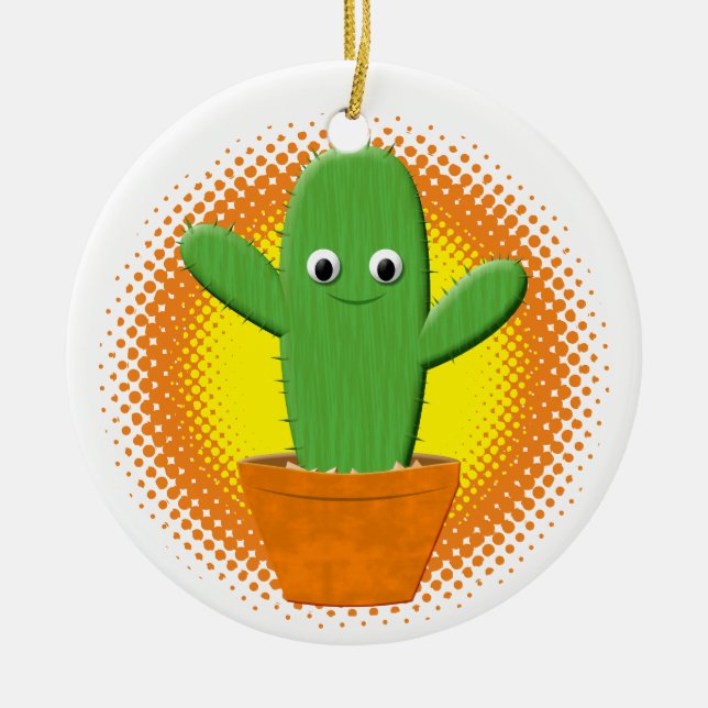 Cute Cartoon Cactus Christmas Ceramic Ornament (Front)