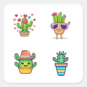 Cute Cartoon Cactus Funny 4 Pack  Square Sticker