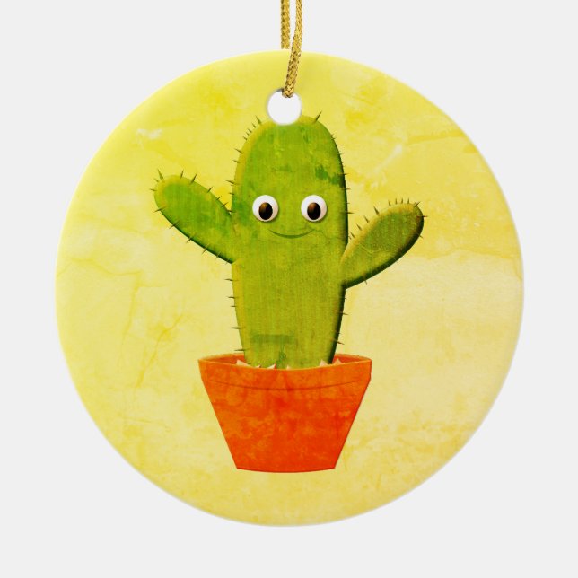 Cute Cartoon Cactus Painting Christmas Ceramic Ornament (Front)