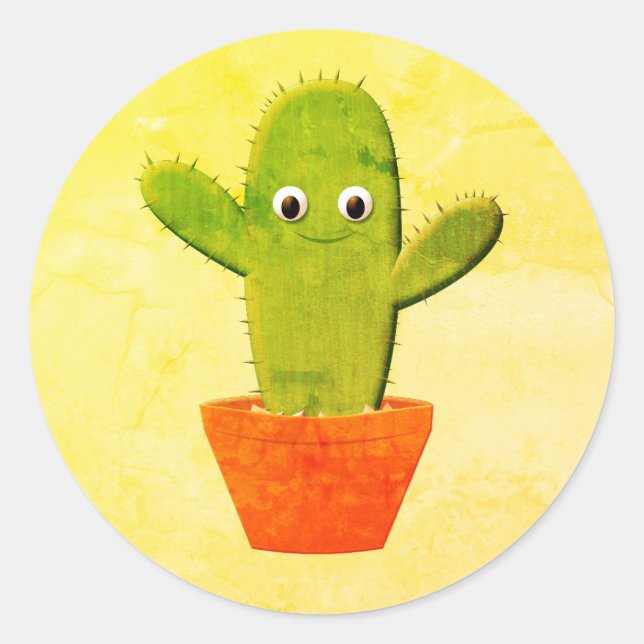 Cute Cartoon Cactus Painting Classic Round Sticker (Front)