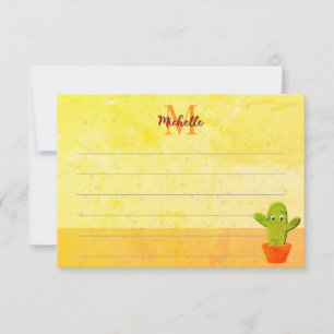 Cute Cartoon Cactus Painting Custom Lined Monogram Note Card