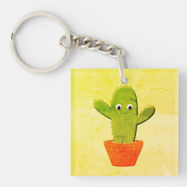 Cute Cartoon Cactus Painting Keychain (Front)