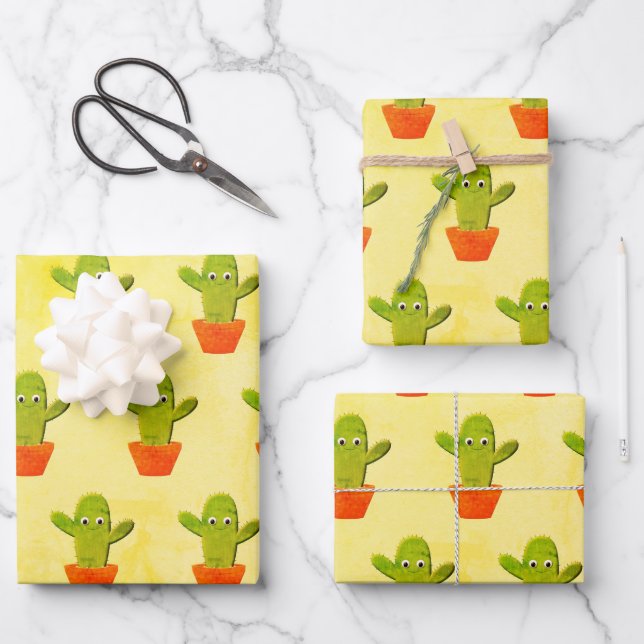 Cute Cartoon Cactus Painting Wrapping Paper Sheets (Front)