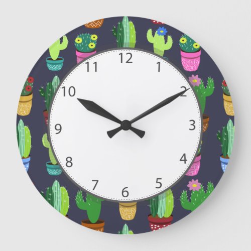 Cute Cartoon Cactus Pattern Grey Numbers Large Clock