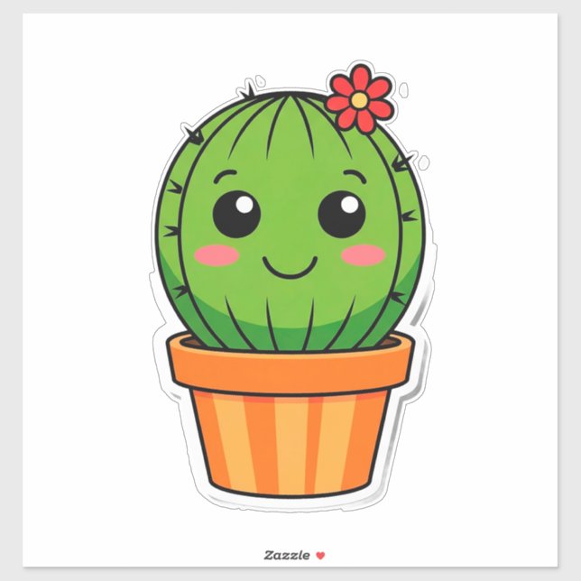Cute Cartoon Cactus Plant in Pot With Flower  Sticker (Sheet)