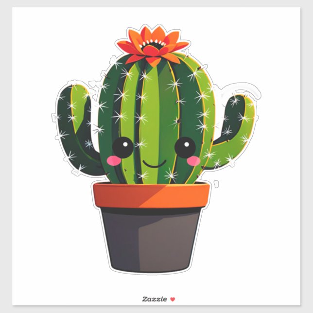 Cute Cartoon Cactus Plant in Pot With Flower  Sticker (Sheet)