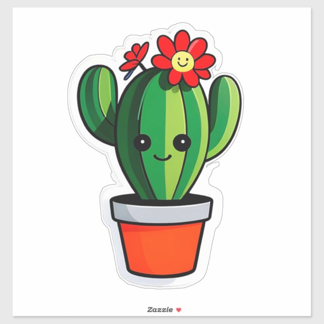 Cute Cartoon Cactus Plant in Pot With Flower  Sticker (Sheet)