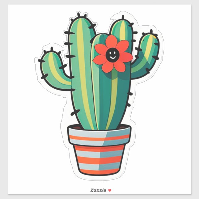 Cute Cartoon Cactus Plant in Pot With Flower  Sticker (Sheet)