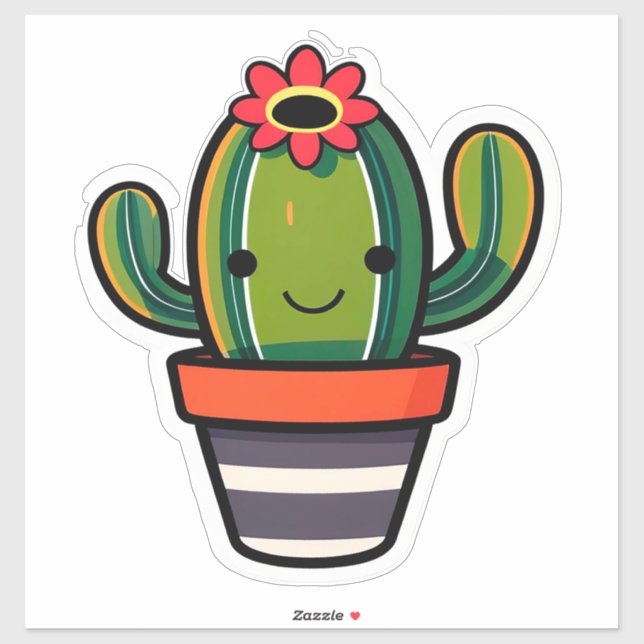 Cute Cartoon Cactus Plant in Pot With Flower  Sticker (Sheet)