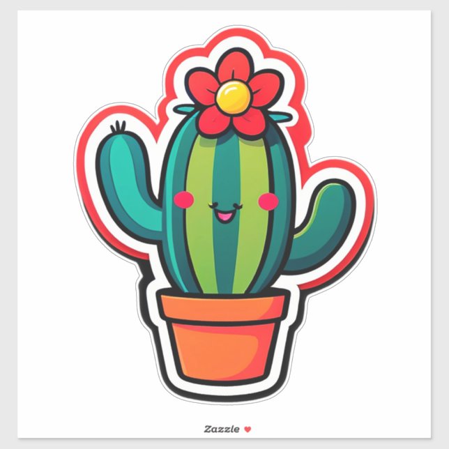 Cute Cartoon Cactus Plant in Pot With Flower  Sticker (Sheet)