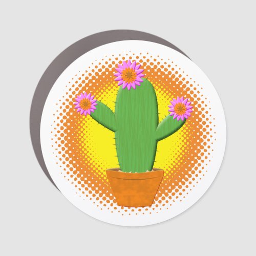 Cute Cartoon Cactus With Pink Flowers Car Magnet