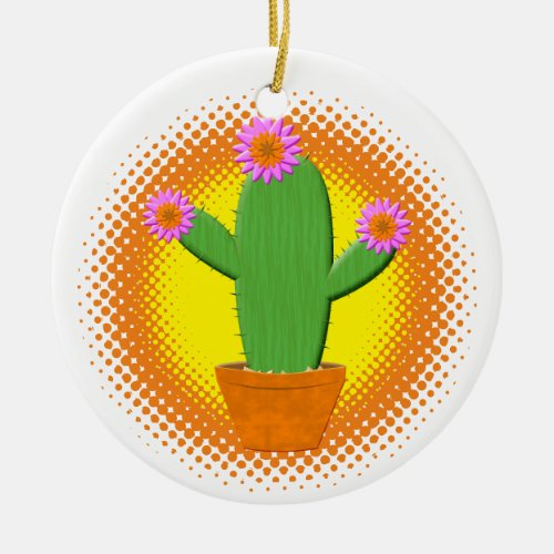Cute Cartoon Cactus With Pink Flowers Christmas Ceramic Ornament