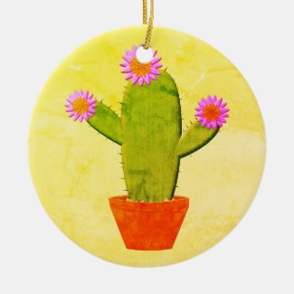 Cute Cartoon Cactus With Pink Flowers Christmas
