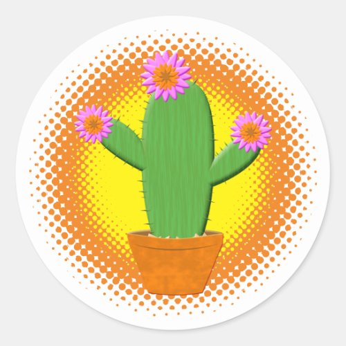 Cute Cartoon Cactus With Pink Flowers Classic Round Sticker