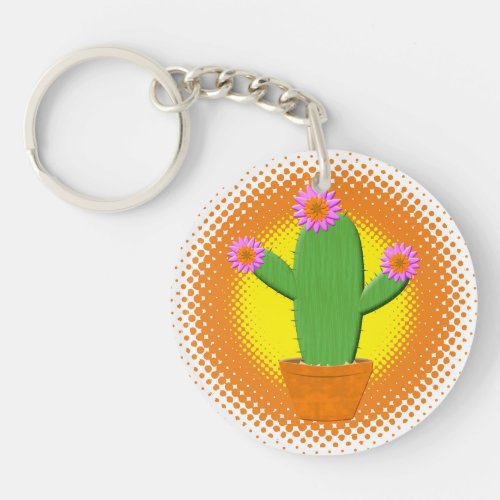Cute Cartoon Cactus With Pink Flowers Keychain