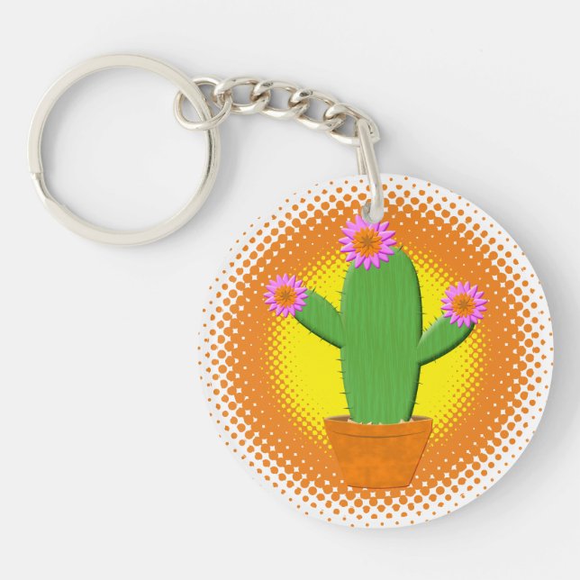 Cute Cartoon Cactus With Pink Flowers Keychain (Front)