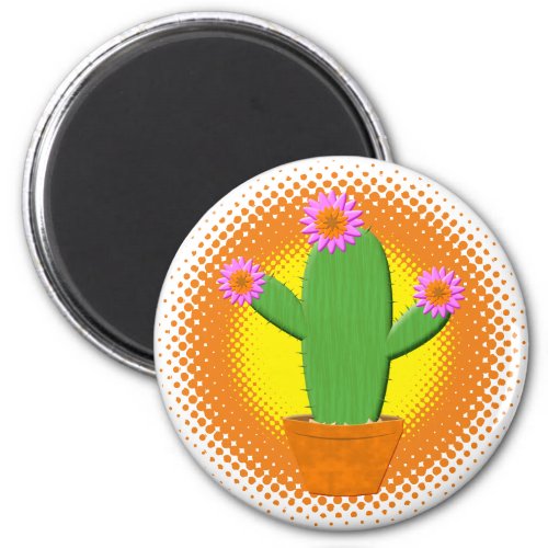 Cute Cartoon Cactus With Pink Flowers Magnet