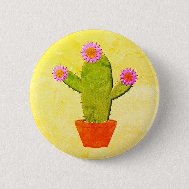 Cute Cartoon Cactus With Pink Flowers Painting Button (Front)