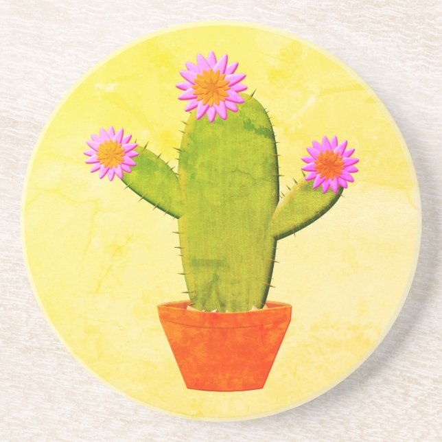 Cute Cartoon Cactus With Pink Flowers Painting Coaster (Front)