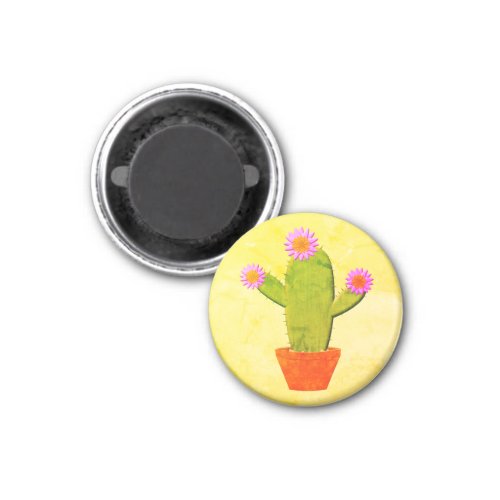 Cute Cartoon Cactus With Pink Flowers Painting Magnet
