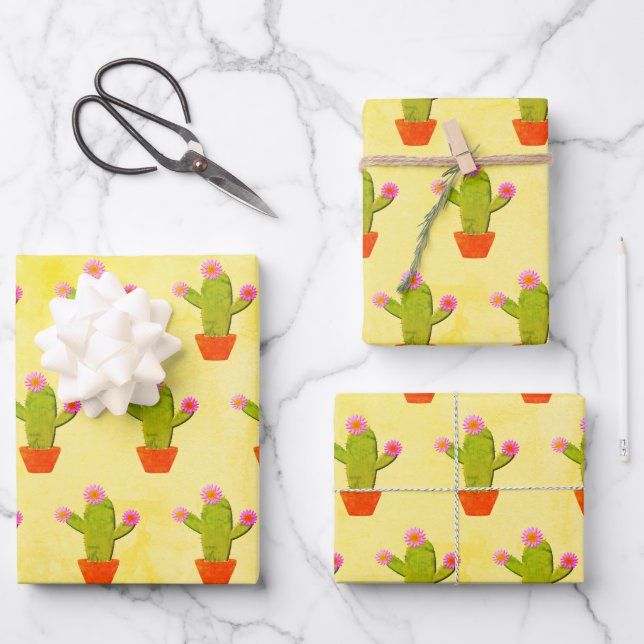 Cute Cartoon Cactus With Pink Flowers Painting Wrapping Paper Sheets (Front)